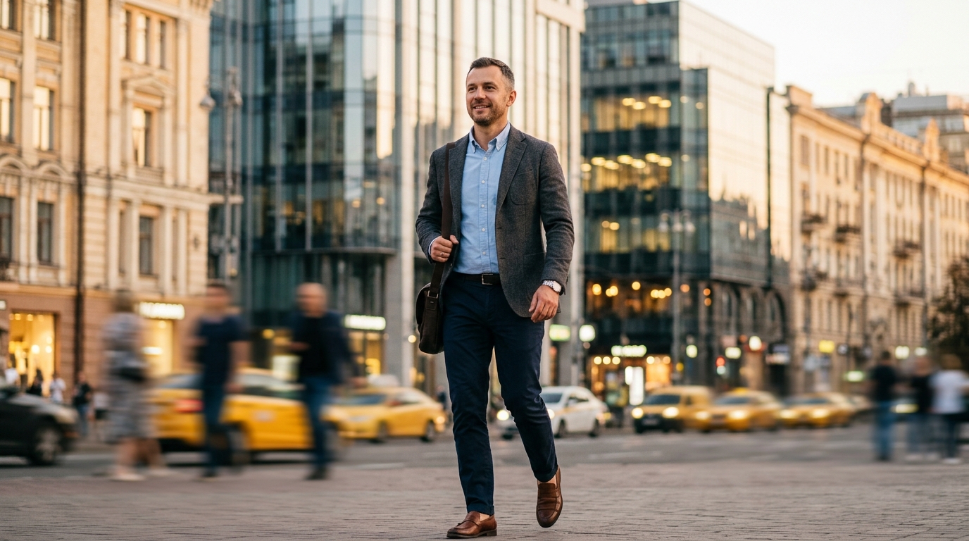 Persona che cammina con sicurezza in una cittu00e0 moderna